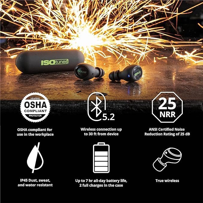 ISOtunes Free 2.0 Bluetooth Hearing Protection Earbuds - 25 dB NRR OSHA Approved Earbuds, Wireless Bluetooth Earplug Headphones for Work