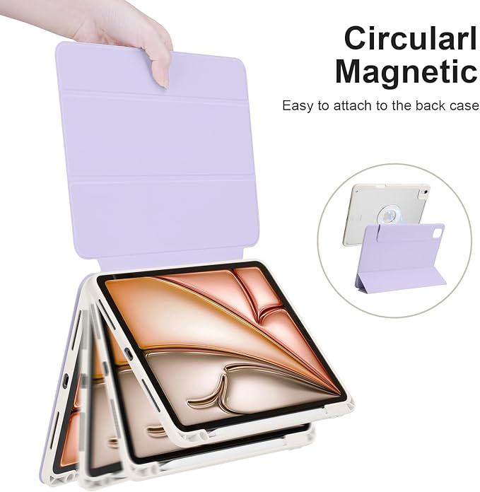 Case for iPad Air 13 Inch M3/M2 2025/2024, iPad Pro 12.9 Inch 6th/5th Generation 2022/2021 with Pencil Holder, Vertical Stand, Detachable Magnetic Trifold Stand Case,Auto Wake/Sleep,Lilac+White