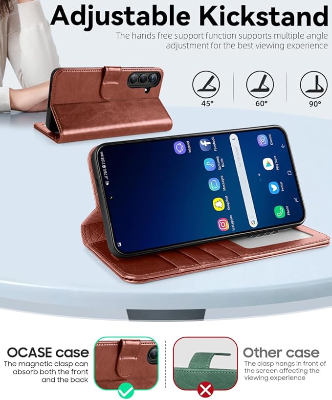 OCASE Compatible with Galaxy S25 FE Wallet Case, PU Leather Flip Folio Case with Card Holders RFID Blocking Kickstand [Shockproof TPU Inner Shell] Protective Phone Cover 2025, Dark Brown
