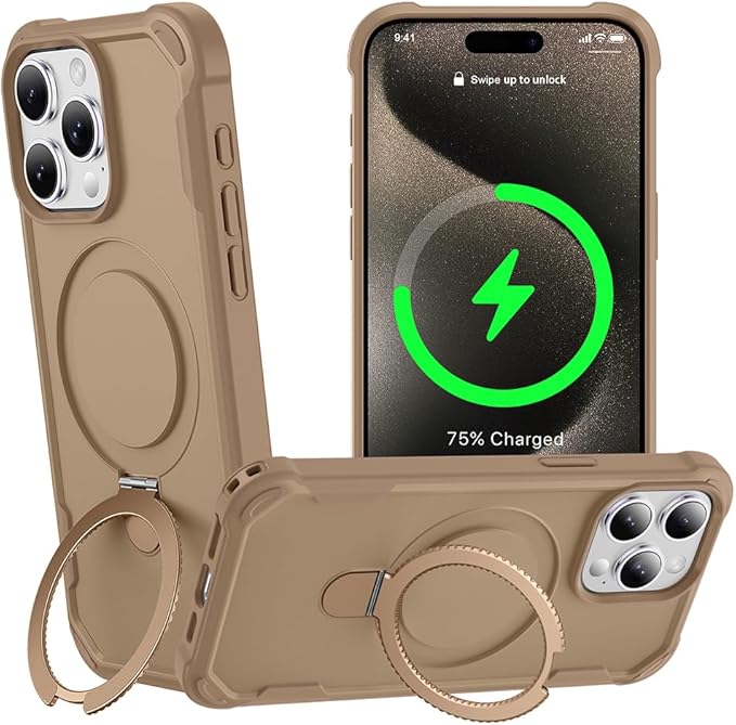 Designed for iPhone 15 Pro Max Case with Magnetic Stand [Military Drop Protection][Compatible with Magnet] Shockproof 15 Pro Max Phone Case with Ring Holder, Khaki