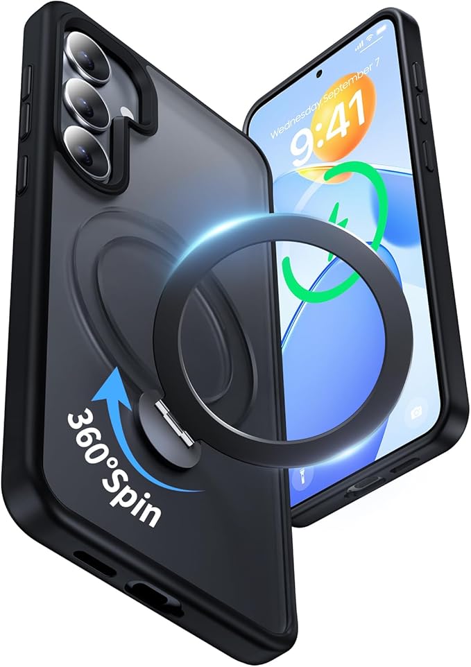 for Samsung Galaxy S25+ Plus Case,Compatible with Magsafe [Wireless Charging],with 360°Rotatable Magnetic Ring Stand Matte Translucent Slim Soft Edge Phone Kickstand,Black