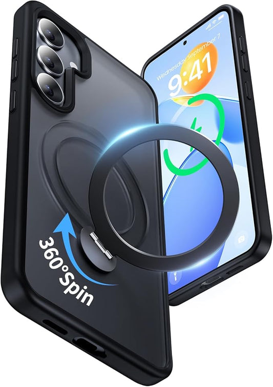 for Samsung Galaxy S25+ Plus Case,Compatible with Magsafe [Wireless Charging],with 360°Rotatable Magnetic Ring Stand Matte Translucent Slim Soft Edge Phone Kickstand,Black