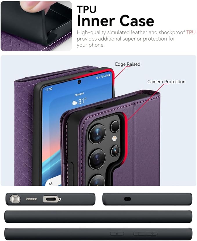 OCASE Compatible with Galaxy S25 Ultra Wallet Case, PU Leather Flip Folio Case with Card Holders RFID Blocking Kickstand [Shockproof TPU Inner Shell] Protective Phone Cover 2025, Dark Purple