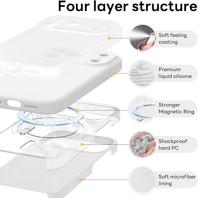 Vooii Magnetic Compatible with iPhone 17 Pro Case (Compatible with Magsafe) (Upgraded Camera Protection) Liquid Silicone Shockproof Full Body Protective Phone Cover for Women Men, White, 6.3”