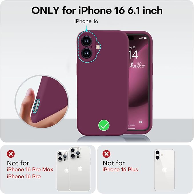 Vooii Compatible with iPhone 16 Case, Liquid Silicone Upgrade [Camera Protection] [Soft Anti-Scratch Microfiber Lining] Shockproof Phone Case for iPhone 16 6.1 inch - WineRed