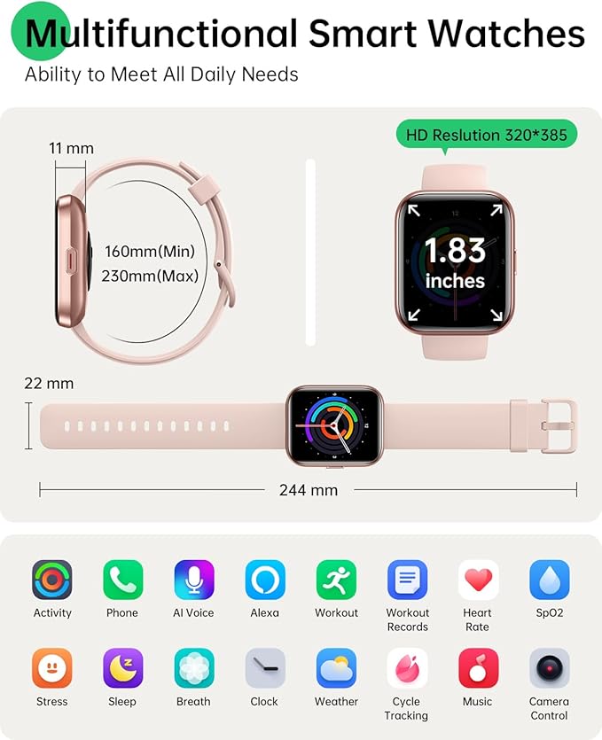 Smart Watches for Women and Men - Smart Watch Compatible for iPhone Android Phone,Alexa,Call & Notification Alerts,Heart Rate & Sleep Monitor,3 ATM Waterproof 1.83 Inches Fitness Tracker