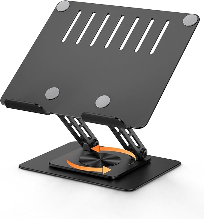Tablet Stand Holder for Desk with 360° Rotating Base, Dual Rod Adjustable & Foldable Aluminum Stand for Home Office Compatible with 11’’-16’’ Tablets, Black