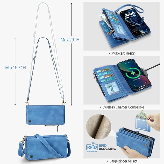 for iPhone 17 Pro Wallet Phone Case with 7 Card Holder,RFID Blocking | PU Leather | Kickstand | Flip | Wrist Strap&Shoulder Strap | Shockproof | Zipper Wallet | Women Men | 6.3" | Sky Blue