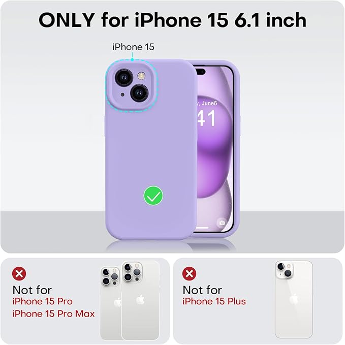 Vooii Compatible with iPhone 15 Case, Upgrade Defender Liquid Silicone, [Enhanced Camera Protection] [Soft Anti-Scratch Microfiber Lining] Shockproof Phone Case for iPhone 15 6.1 inch - Light Purple