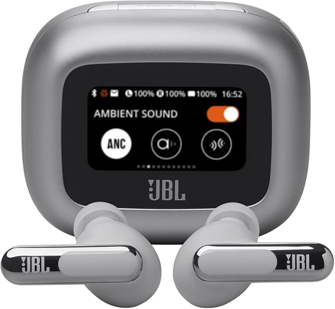JBL Live Beam 3 - True wireless noise-cancelling stick-closed earbuds, 48Hrs total playback, Wireless Charging, 6 Mics for perfect calls, Multi-point connection, IP55 waterproof and dustproof (Silver)