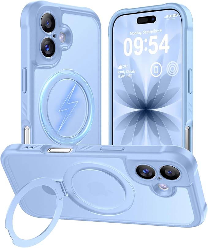 MOCCA Compatible with iPhone 17 Case with Magnetic Invisible Stand [Full Camera Protection] [Compatible with Magsafe] Military Drop Shockproof Translucent Matte Phone Case Cover 6.3",Light Blue