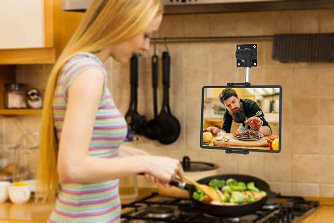 Wall Mount Tablet Holder for 4-13” iPad Phone, Universal Flexible Metal Heavy Duty Wall Stand for iPad Pro 12.9 Air Mini, Samsung Tab, Kindle Fire HD, iPhone - for Kitchen, Bedroom, Warehouse