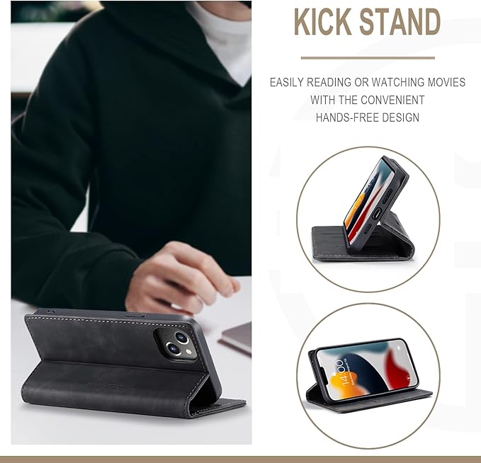 QLTYPRI Case for iPhone 14, Vintage PU Leather Wallet Case Card Slot Kickstand Magnetic Closure Shockproof Flip Folio Book Case Cover for iPhone 14(6.1 inch) - Black