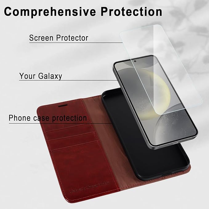 MONASAY Wallet Case Fit for Samsung Galaxy S24 5G, [Lens & Glass Screen Protector Included] [RFID Blocking] Flip Folio Leather Cell Phone Cover with Credit Card Holder, 6.2 inch, Burgundy