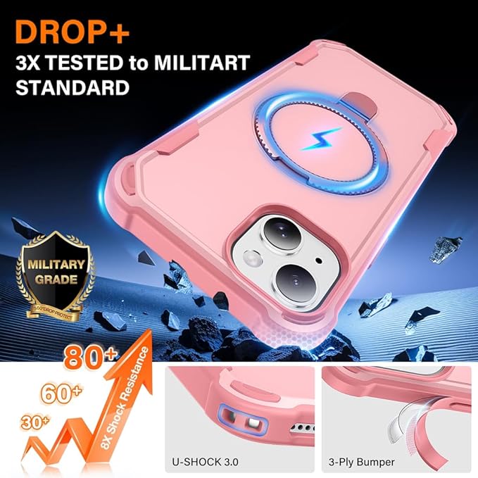Designed for iPhone 14 Case with Magnetic Stand [Military Drop Protection][Compatible with Magnet] Shockproof 14 Phone Case with Ring Holder, Pink