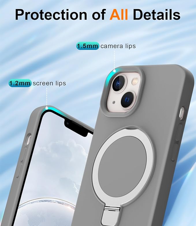 ZHK Liquid Silicone Designed for iPhone 13/14 Case with Magnet Stand, [Mil-Grade Drop Shockproof][Soft Anti-Scratch Microfiber Lining] Slim Fit Cover, Grey