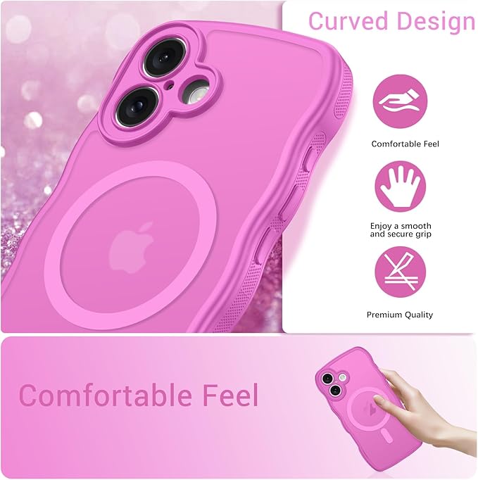 BENTOBEN for iPhone 16 Case Cute, Curly Wave iPhone16 Phone Case [Compatible with MagSafe], [Full Camera Protection] Slim Shockproof Translucent Matte 16 Magnetic Cover for Women Girls, Berry Pink