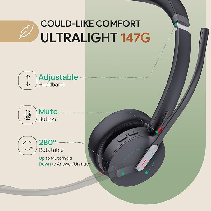 Yealink BH70 Dual (Without Dongle) Wireless Headset with Mic for Work, 164ft Bluetooth Headsets Teams UC Compatible, 35h Talk Life, 147g Lightweight Comfort, Perfect for Open Office Home Hybrid Work