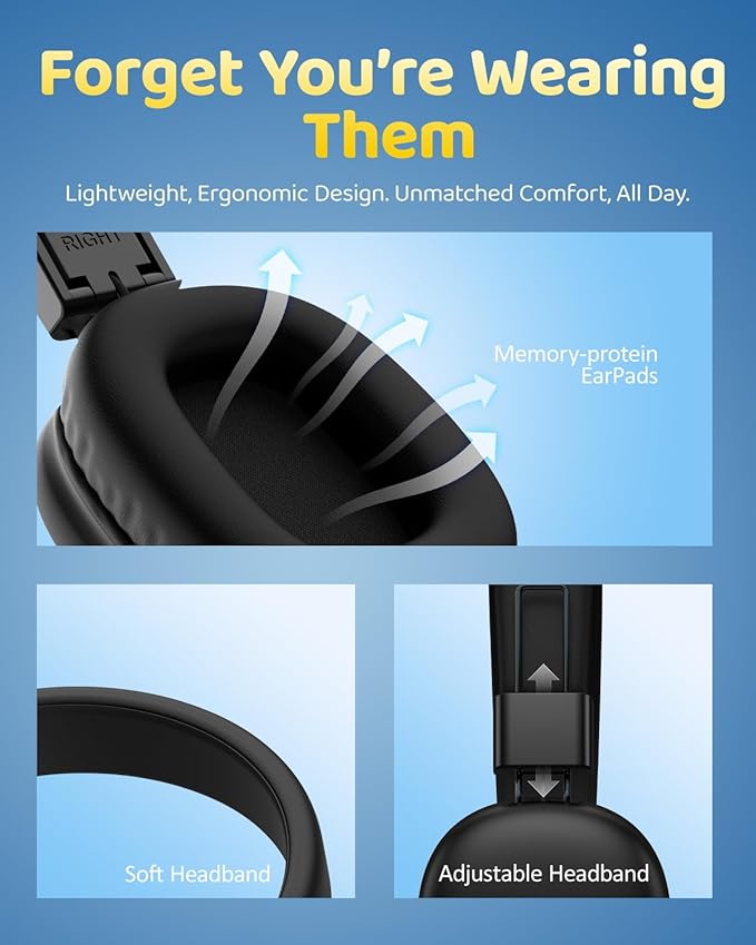 Kids Bluetooth Headphones, Over-Ear Wireless Headphones with Microphone, Safe-Volume 85dBA, Bluetooth 5.4, Foldable Lightweight and Comfortable, 50H Playtime, USB-C Charging, Black