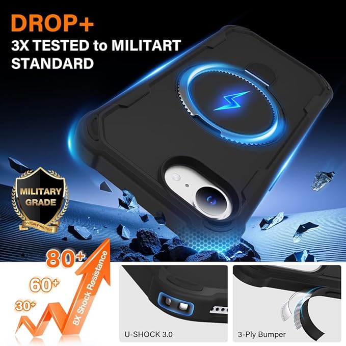 Designed for iPhone 16E Case with Magnetic Stand [Military Drop Protection][Compatible with Magnet] Shockproof 16E Phone Case with Ring Holder, Black