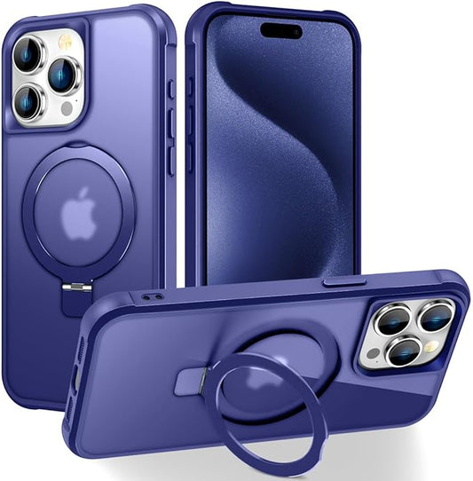 Magnetic Compatible with iPhone 15 Pro Case with Stand [Military Grade Drop Tested][Compatible with Magnet] Ring Translucent Slim Hard Back Soft Edge, Blue