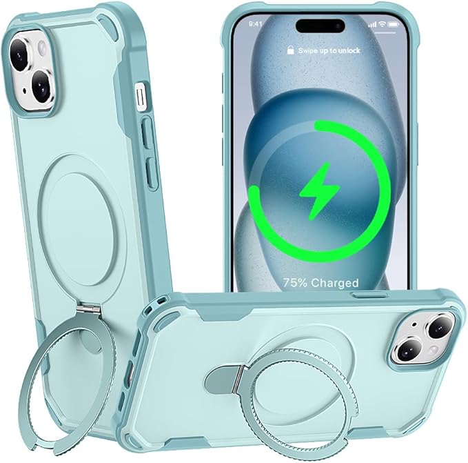 Designed for iPhone 15 Plus Case with Magnetic Stand [Military Drop Protection][Compatible with Magnet] Shockproof 15 Plus Phone Case with Ring Holder, Green