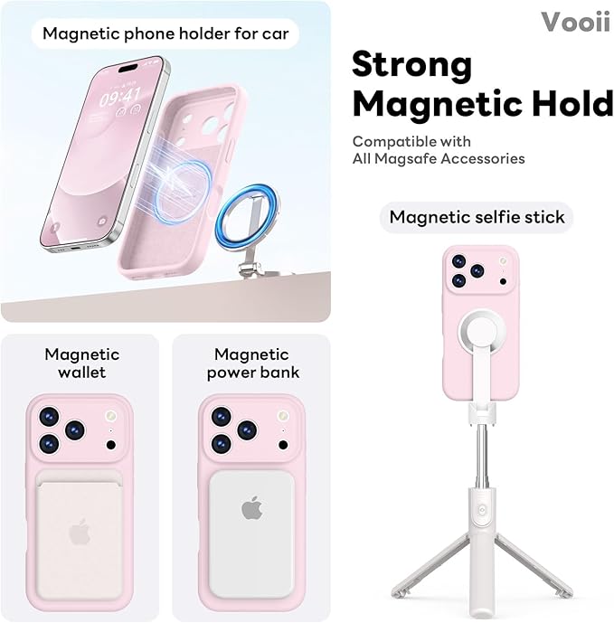 Vooii Magnetic Compatible with iPhone 17 Pro Case (Compatible with Magsafe) (Upgraded Camera Protection) Liquid Silicone Shockproof Full Body Protective Phone Cover for Women Men, Chalk Pink, 6.3”