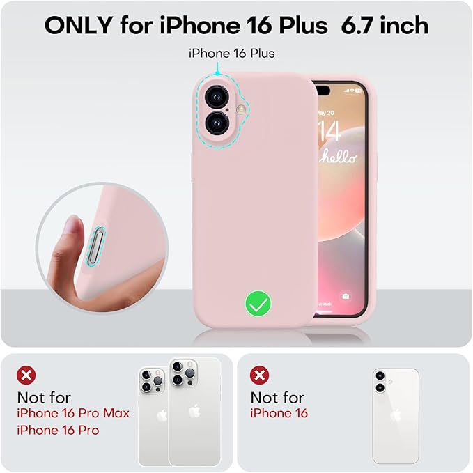 Vooii Compatible with iPhone 16 Plus Case, Liquid Silicone Upgrade [Camera Protection] [Soft Anti-Scratch Microfiber Lining] Shockproof Phone Case for iPhone 16 Plus 6.7 inch - Chalk Pink