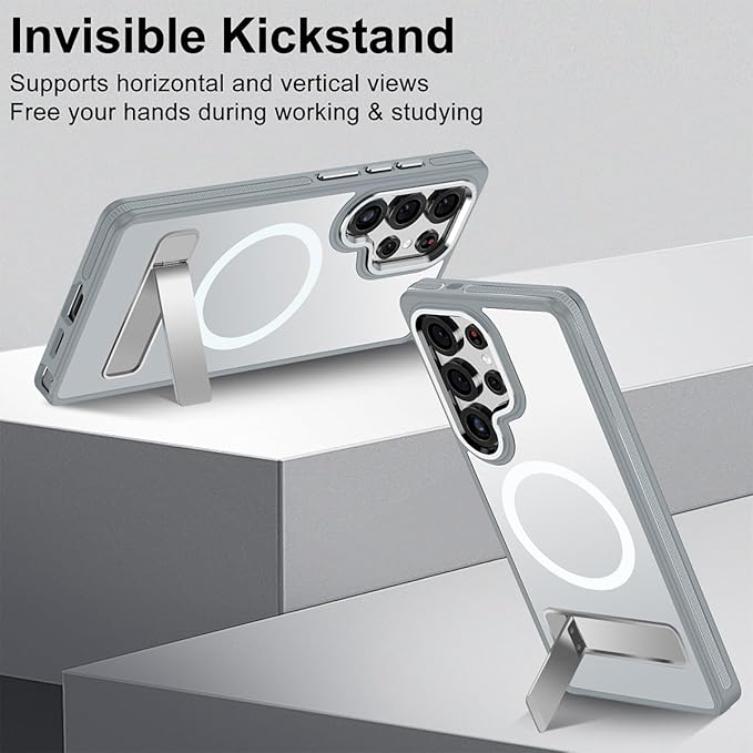 for Samsung Galaxy S25 Ultra Case, Shockproof S25 Ultra Phone Case with Kickstand, Anti-Skid Protective Case Fits for Magsafe, Translucent Hard Back Cover for Galaxy S25 Ultra (Grey/White)