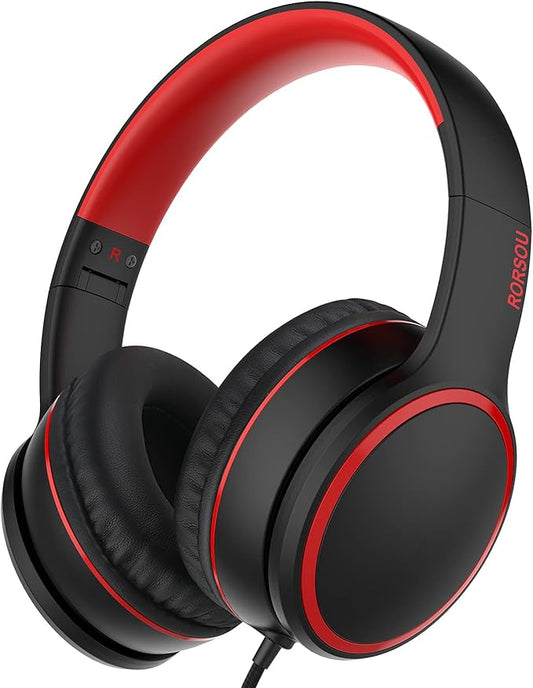 RORSOU R10 Kids Headphones Over-Ear with Microphone, Lightweight Folding Stereo Bass Headset with 1.5M No-Tangle Cord, Portable Wired Headphones for Smartphone Tablet Computer MP3 / 4 (Black)