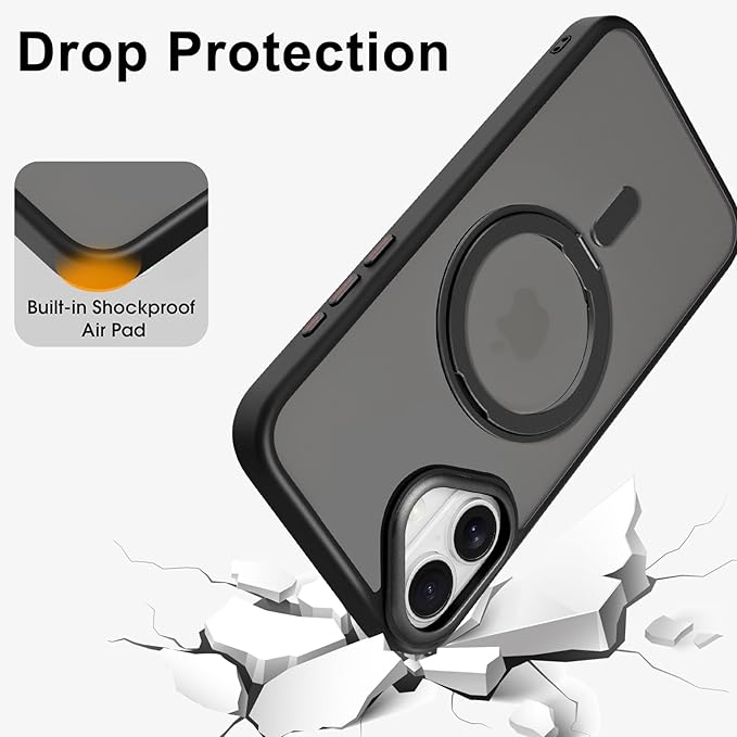 ZIYE Magnetic Case for iPhone 16 Plus Case with Stand [Compatible with MagSafe] Slim Shockproof Military Grade Heavy Duty Cover with 360 Rotatable Ring Kickstand for Women Men, Translucent Black