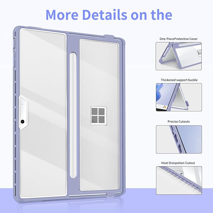 Case Updated Version fit Microsoft Surface Pro 11/10 /9/8 13-Inch, All-in-one Rugged Case Compatible with Type Cover Keyboards, Transparent&Purple