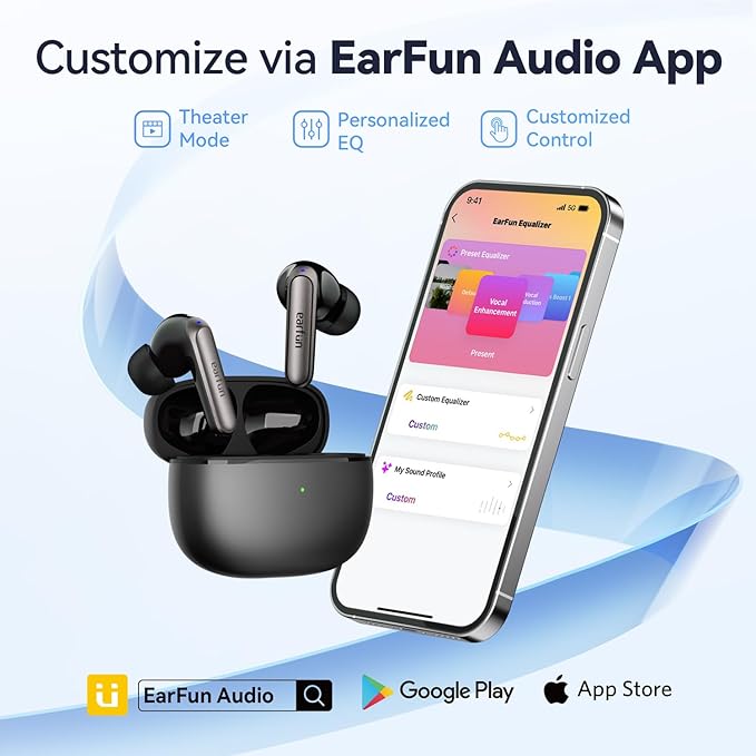 EarFun Adaptive Noise Cancelling Wireless Earbuds, 6 Mics AI ENC Call, Hi-Res Sound, LDAC, 40H Playtime, Multipoint Connection, Comfortable Fit, App Customization, Google Fast Pair, Wireless Charge