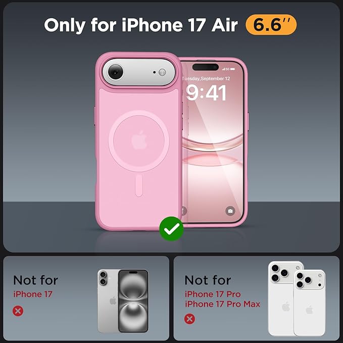Miracase Magnetic for iPhone Air Case 2025 with Screen Protector(Compatible with MagSafe), Slim Thin Translucent Matte Military-Grade Protected Phone Cover for iPhone 17 Air 6.5" Armbands, Pink