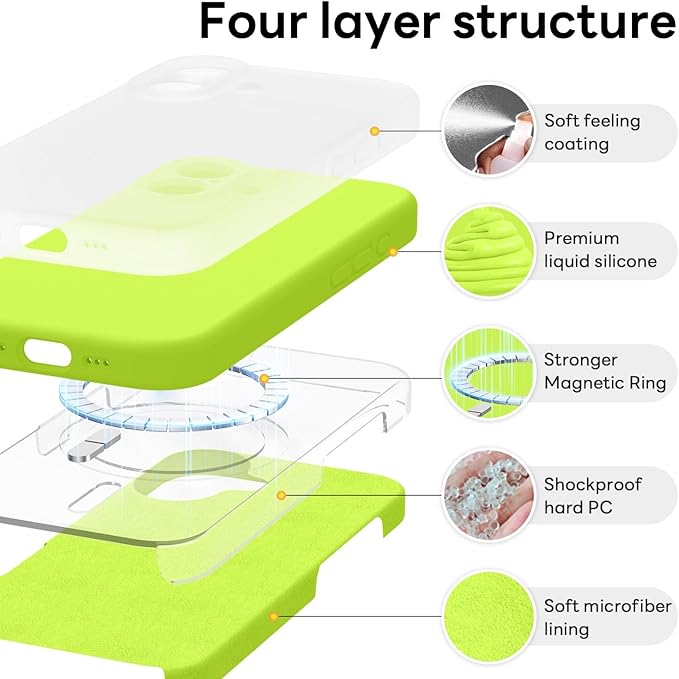 Vooii Magnetic Compatible with iPhone 17 Case (Compatible with Magsafe) (Upgraded Camera Protection) Liquid Silicone Shockproof Full Body Protective Phone Cover for Women Men, Fluorescent Green, 6.3"