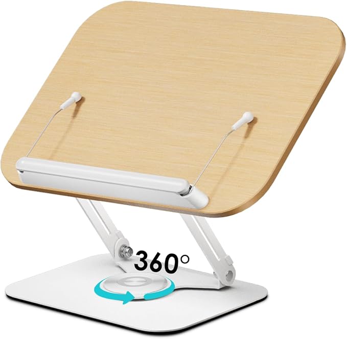 Viozon Book Stand for Reading,Book Holder, Height&Angle Adjustable, 360° Rotating Base, Foldable and Portable, Lightweight for Office, Kitchen, School Textbook, Recipe, Magazine,Kindle,Tablet LW