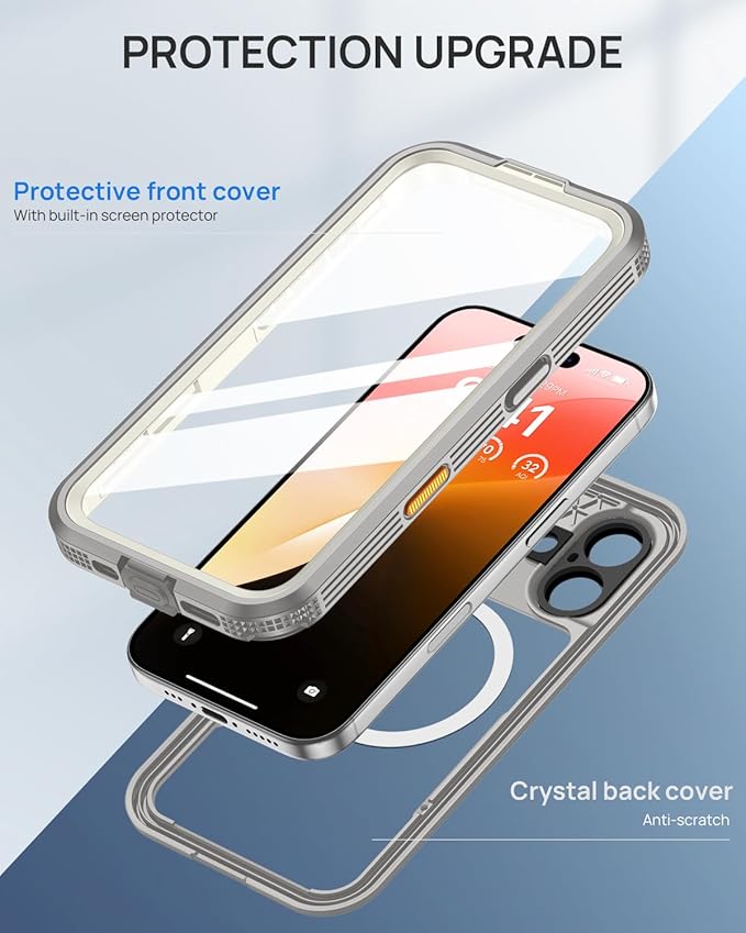 Lanhiem Magnetic for iPhone 16 Case, IP68 Waterproof Dustproof Case, [Compatible with Magsafe] [Built-in Screen Protector] Full Body Heavy Duty Rugged Phone Cover 6.1 inch, Natural
