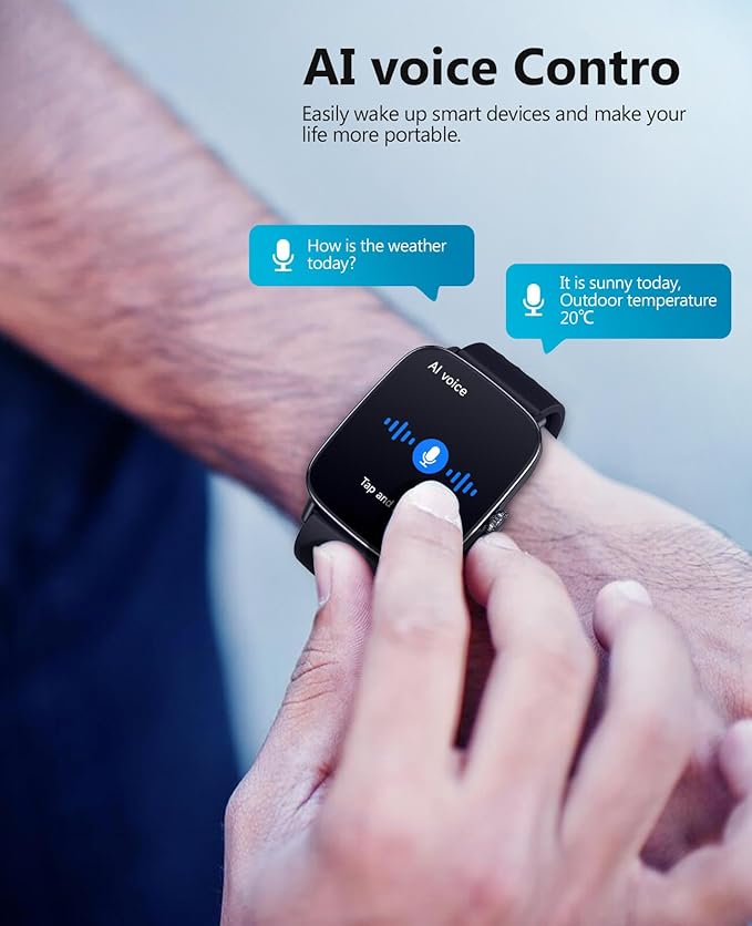 AI Voice-Controlled Smart Watches with 1.85" Screen - IP68 Waterproof, 24/7 Heart Rate Monitoring, Stress/Sleep/SpO2 Tracker, 100+ Sports Modes, Weather, Compatible with Android & iOS, Black