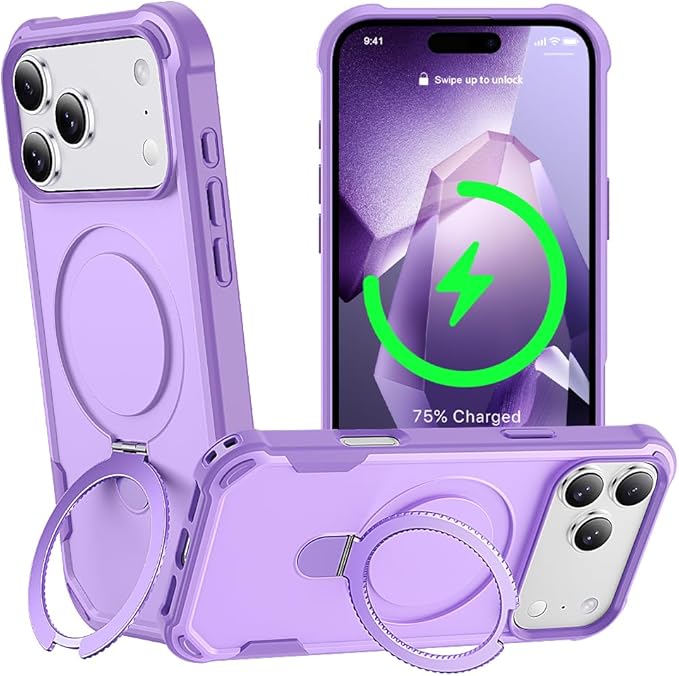 Designed for iPhone 17 Pro Case with Magnetic Stand [Military Drop Protection][Compatible with Magnet] Shockproof 17 Pro Phone Case with Ring Holder, Purple