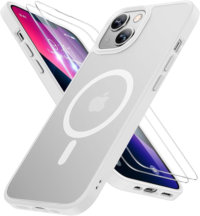 Miracase Magnetic for iPhone 13 Case 6.1 inch (Compatible with MagSafe)（with 2X Screen Protectors） Military-Grade Protection, Anti-Fingerprint Translucent Matte Phone Case Cover, White