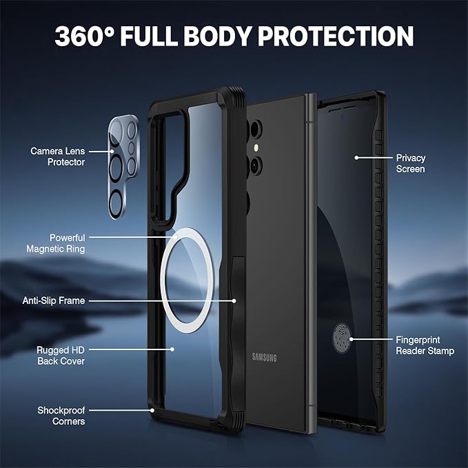 CENHUFO Magnetic Privacy for Samsung Galaxy S24 Ultra Case, Full Body Phone Case with Built-in Privacy Screen Protector and Camera Lens Cover, Anti Peep Shockproof Protective Clear Bumper - Black