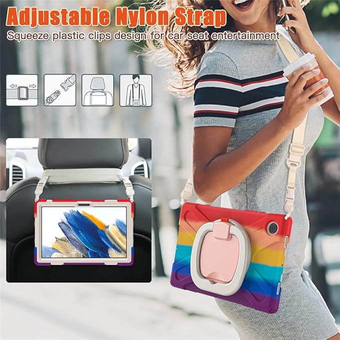 360 Rotation Case for Samsung Galaxy Tab A8 10.5" Sturdy Cover Rotate Ring Stand Shoulder Carrying Strap Hand Strap Rugged Children Adults Outdoor Case, Colourful Red