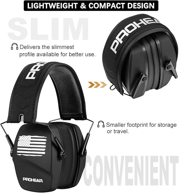 PROHEAR 016 Ear Protection Safety Earmuffs for Shooting, NRR 26dB Noise Reduction Slim Passive Hearing Protector with Low-Profile Earcups, Compact Foldable for Gun Range, Mowing (Patriot)
