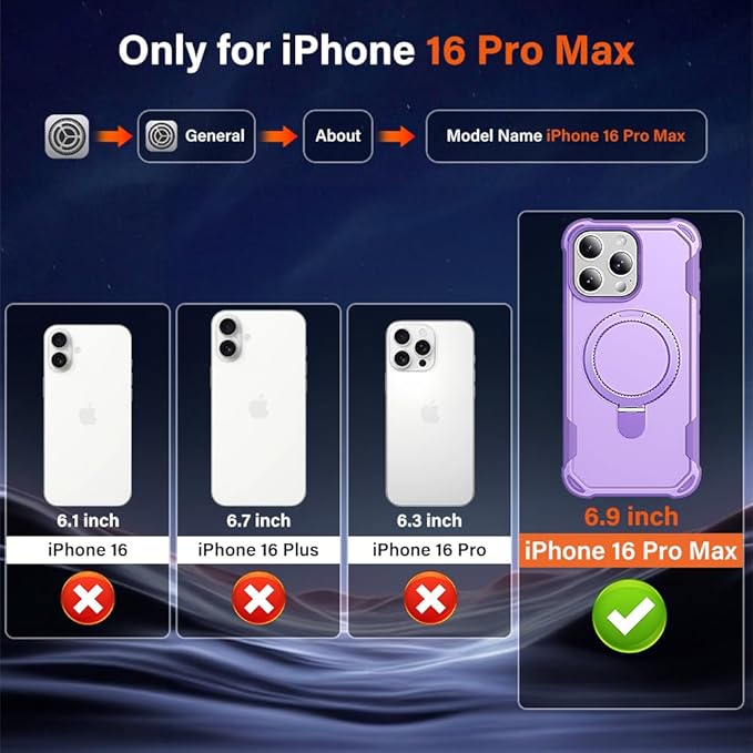 Designed for iPhone 16 Pro Max Case with Magnetic Stand [Military Drop Protection][Compatible with Magnet] Shockproof 16 Pro Max Phone Case with Ring Holder, Purple