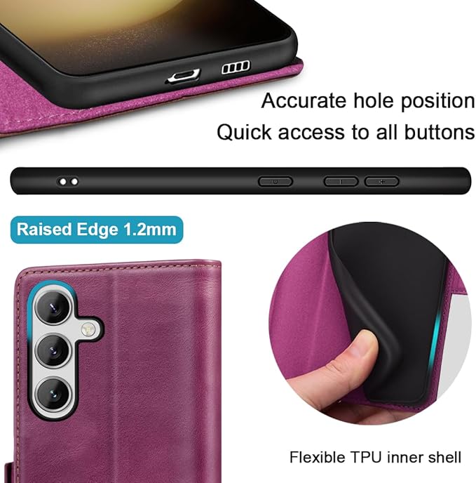 KEZiHOME for Samsung Galaxy S24+ Plus 5G Case, Genuine Leather Wallet Case Flip Cover Stand RFID Blocking Card Holder Magnetic Compatible with Galaxy S24 Plus 5G (2024) (Purple/Brown)