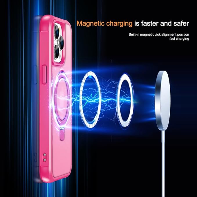 Magnetic Compatible with iPhone 14 Pro Case with Stand [Military Grade Drop Tested][Compatible with Magnet] Ring Translucent Slim Hard Back Soft Edge, Rose Red