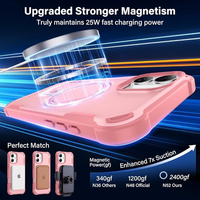 Designed for iPhone 16 Case with Magnetic Stand [Military Drop Protection][Compatible with Magnet] Shockproof 16 Phone Case with Ring Holder, Pink