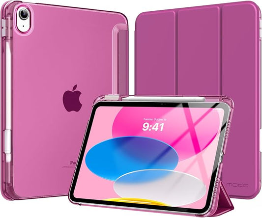 MoKo for iPad (A16) 11th Generation Case 11 Inch 2025, iPad 10th Generation Case 10.9 Inch 2022 with Pencil Holder, Slim Light Trifold Protective Cover with Hard PC Translucent Back Shell, Fuchsia