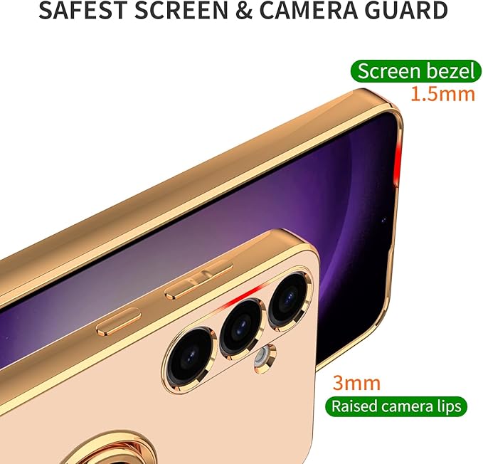 Dinick Pink for Samsung Galaxy S24+ Case with Ring Holder Kickstand [with Magnetic] Soft TPU Bumper, Glitter Gold Electroplated Cover Slim Thin Protective Phone Case for Galaxy S24 Plus