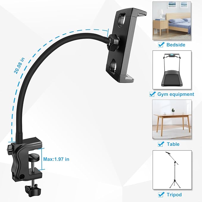 Tablet Stand Holder for Desk/Bed/Kitchen/Treadmill, 21 Inch Flexible Gooseneck Tablet Holder iPad Clamp Mount Fits for iPad mini/Air/Pro, Kindle Fire, Galaxy Tabs and All 4.7-12.9" Tablets Phones